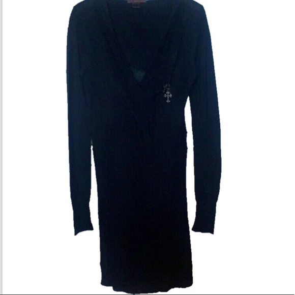 SEXY PLANET FUNK BLACK SWEATER DRESS HOODIE 3 GOTHIC CROSSES SZ S EMU LOLITA - Picture 2 of 13
